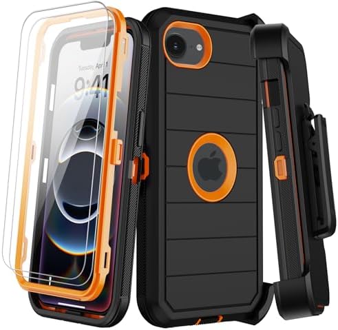 KECAI for iPhone 16e Case with Belt Clip Holster,Screen Protector X2,Heavy Duty Shockproof Drop Protection Military Grade 3 Layers Full Covered Rugged Durable Phone Cover for Apple 16e (Black Orange)