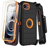 KECAI for iPhone 16e Case with Belt Clip Holster,Screen Protector X2,Heavy Duty Shockproof Drop Protection Military Grade 3 Layers Full Covered Rugged Durable Phone Cover for Apple 16e (Black Orange)