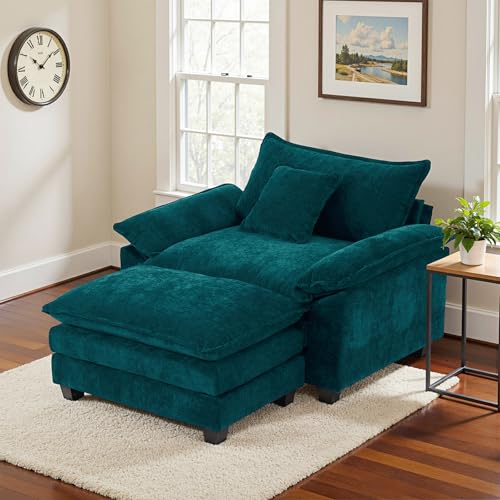 Oversized Accent Chair with Ottoman,Oversize Chair Chenille Sofa with Armrests,Comfy Living Room Sofa with Deep Seat & Pillows，Oversized Reading Accent Chairs Couch Lounge for Bedroom (Lake Blue)