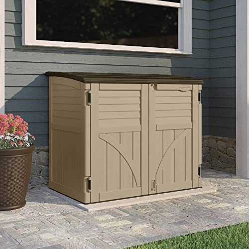 Image of Suncast Horizontal Shed, Compact Outdoor Storage System, 34 Cu. Ft. Capacity, Sand & Slate - Lockable Multi-Wall Resin Organizer for Garbage Cans, Garden Tools, Bins, Bikes and Yard Equipment