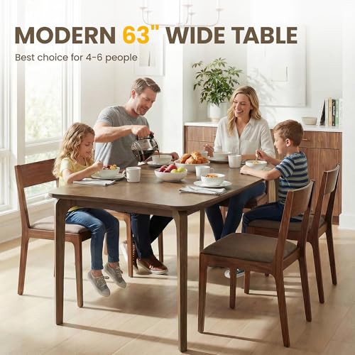 Image of HNY Modern Curved Edge Dining Table, 63 inch Solid Wood Kitchen Table with Herringbone Pattern Mid-Century Rectangular Dinner Table for 6-8 People, Walnut Color Finish