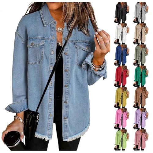 ZWRXW Women's Jean Jacket Boyfriend Oversized Denim Jackets Button Up Frayed Hem Shacket Long Sleeve Trucker Coat Trendy4