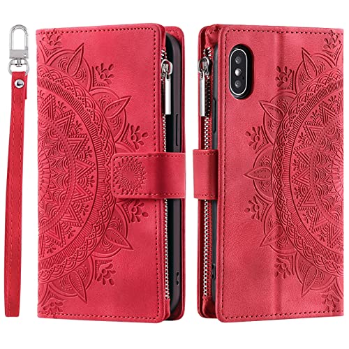 Custodia a Portafoglio per iPhone con Motivo Floreale Scomparti per Carte di Credito pelle - Rosso