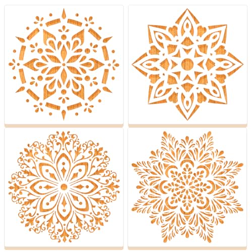 MWOOT 4 Piezas de Plantillas de Mandalas para Pintar, Painting Stencils,Diseños de Flores Mandala, Plantillas Reutilizables para Dibujar en Paredes, Piedras, Muebles y Azulejos, 20x20 CM
