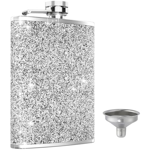 Hip Flask, KIKISML 8Oz / 220ML Flask for Liquor Stainless Steel Spirit Flask with Never-Lose Cap and Funnel Leakproof Thin Portable Metal Flask Camping Outdoor Activitie Wedding Party Gift, Silver