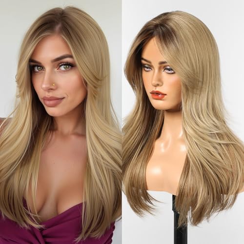 WOKESTAR Natural Long Wigs for Women with Fringe Synthetic Heat Resistant Hair Ombre Blonde Wig for Daily Party Cosplay Use