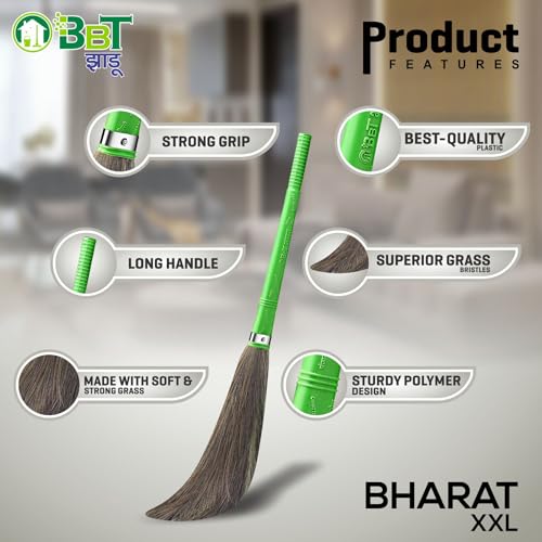 Image of BBT Phool Jhadu | Natural Grass Broom Stick for Home Cleaning | Eco-Friendly Long Handle Jhadu | Anti Dust, Lightweight & Durable Pack of- (1, XXL)