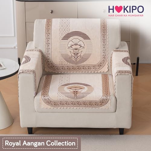 Image of HOKIPO Noor Beige Premium Chenille Jacquard Sofa Cover for 1 Seater for Seat & Back, 'Royal Aangan Series' (IN-1006-L4*2)