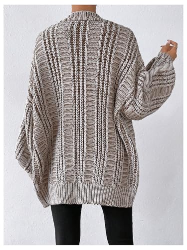 Image of MakeMeChic Women's Oversized Chunky Cable Knit Cardigan Sweaters Button Front V Neck Lantern Sleeve Outerwear White and Brown Medium