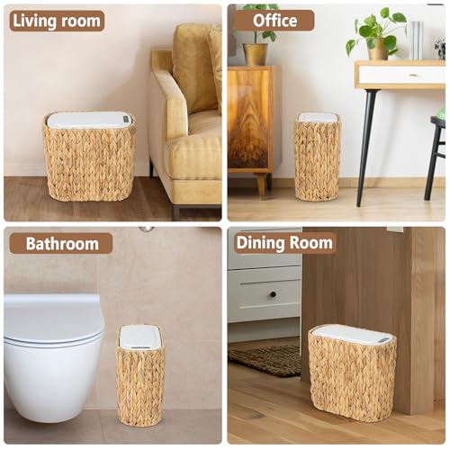 Image of Trongee Boho Kitchen Trash Can with Lid,3.5 Gallon Automatic Small Rattan Trash Can,Slim Wicker Motion Sensor Garbage Can and Hamper 2 in 1 for Bathroom,Narrow Waste Basket for Office, Living Room