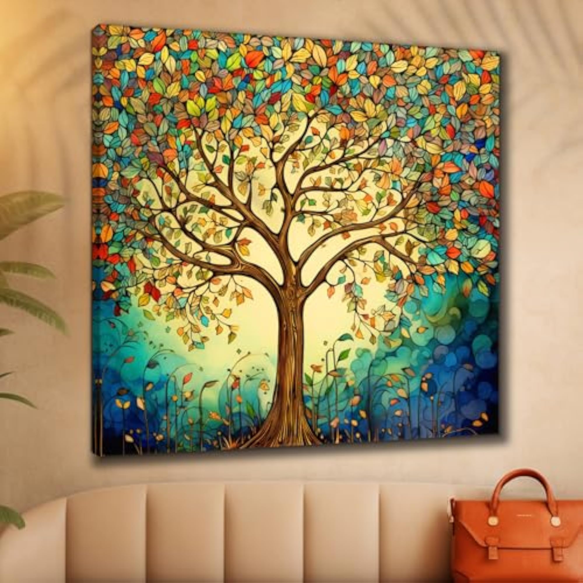 Colorful Tree of Life Canvas Painting with Wooden Frame