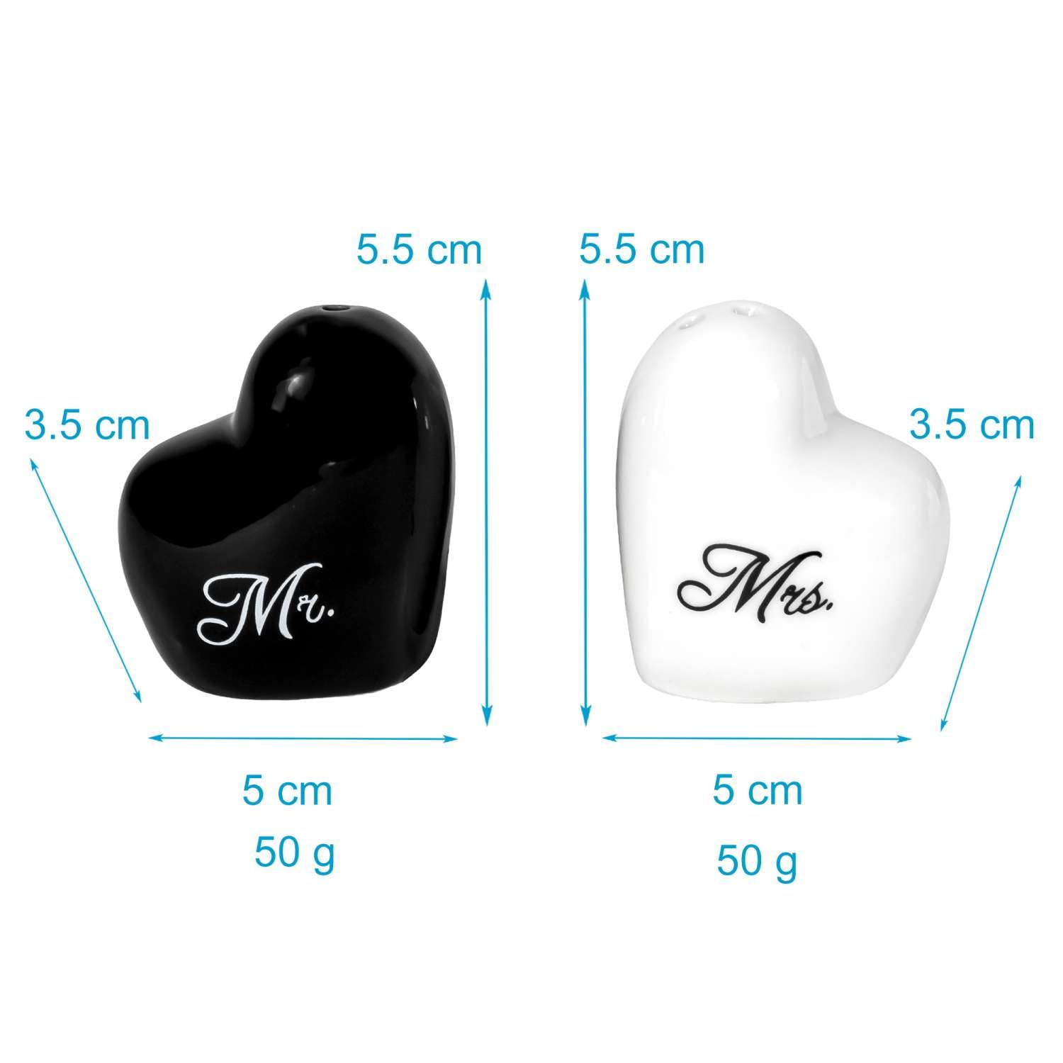 Intirilife Solniczka i Pieprzniczka w Czarno-Białym kształcie serca z napisem Mr. & Mrs. - 5 x 3.5 x 5.5 cm - Prezent, Dekoracja, Sól i Pieprz, Duo dozowników