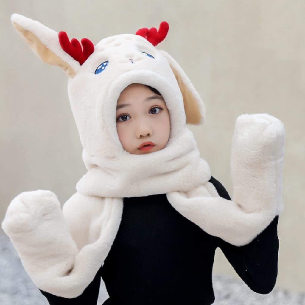 Scarf,Buckhorn Deer Moving Ears Winter Hat Scarf Gloves Set For Girl Hooded Scarf Deer Cap Plush Scarf With Pocket Scarf(White)