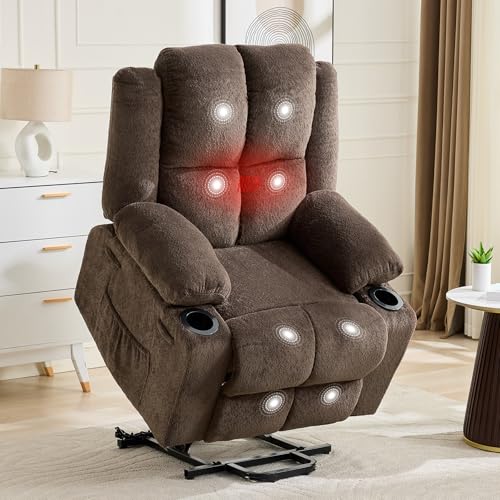 Image of Oversized Power Lift Recliner Chair for Elderly, 135 Lay Flat Electric Recliner with Massage & Heat, Stand Assist Lift Chair with 2 Cup Holders for Living Room,Brown