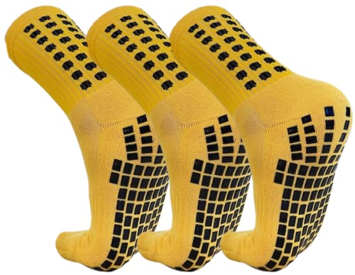 ふわりあ グリップ力 スポーツソックス サッカーソックス クルーソックス 靴下 厚手 サッカー バスケ ゴルフ ヨガ 滑り止め 3足組 黄色