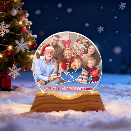 Bola de cristal personalizada com foto e texto, com base de madeira bola de floco de neve de Natal, ideal para aniversários, casamentos e Natal (texto fotográfico personalizado 2)