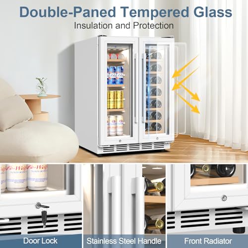Image of Wine and Beverage Refrigerator, 24 Inch Beverage Cooler Dual Zone with Glass Door, Under Counter Beverage Fridge with Upgraded 65 Cans 18 Bottles Large Capacity, White