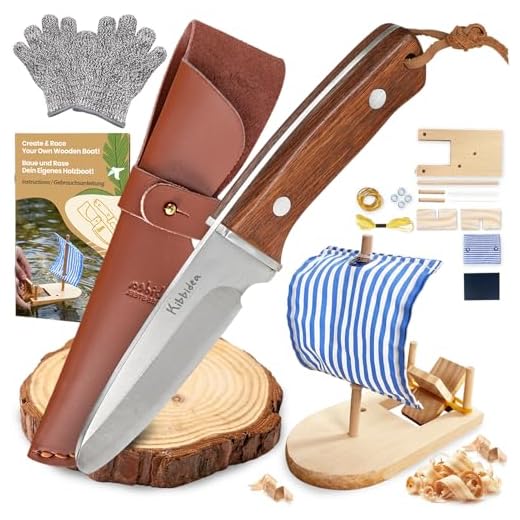 Kibbidea Schnitzmesser für Kinder, Edelstahl, Sicheres Taschenmesser, Lindenholz, Schnitzen-Komplett-Set, Kindermesser, Bastel-Set für Kinder ab 8 Jahre