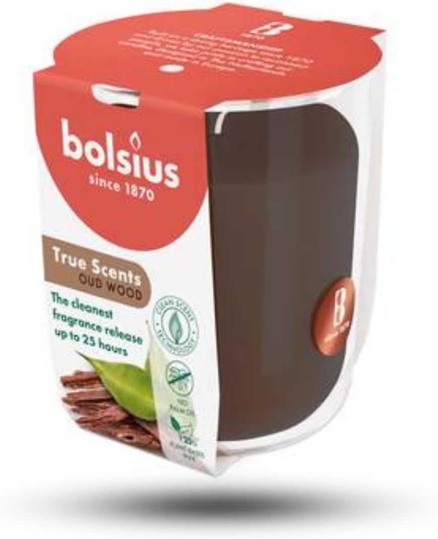 Bolsius Ud Ağacı Kokulu Bardakta Mum - Vegan & Doğal & Saf Koku Özlü -Palmiye Yağı İçermez - 25 Saat Yanma Süresi - Koyu Kahverengi Renkte - 80mm/73mm
