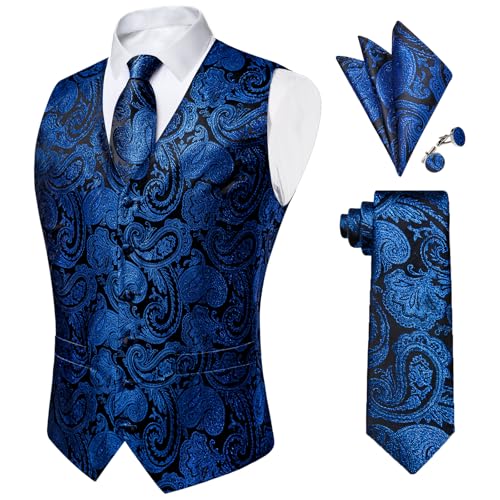 Image of DiBanGu Mens Paisley Vest Silk Sleeveless Suit Vest and Neck Tie Pocket Square Cufflinks Set for Wedding Formal