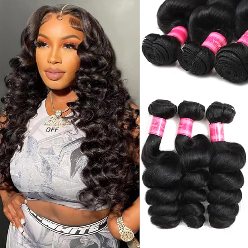 Beauty Queen 3 Bundles Human Hair Loose Wave 14 16 18 Inch 100% Unprocessed 16A Brazilian Virgin Remy Weave Bundles Human Hair Double Weft Hair Natural Black