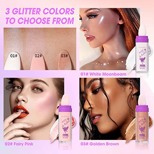 Polvo De Hadas Shimmer Face and Body Highlighter Powder Stick Makeup, Full Body Glitter Highlighter Makeup High Gloss Fairy Highlight Patting Powder Brighten for Hair Face Body Glow (3 Colors)