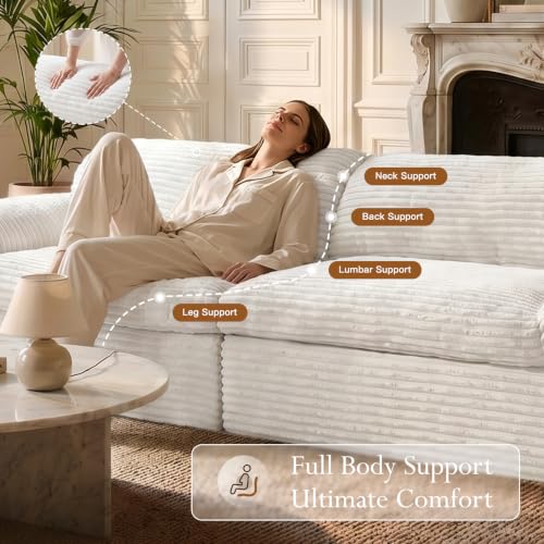 Image of Vesgantti 118 inch Modular Sectional Couch, Comfy Corduroy Upholstered Cloud Couches for Living Room, Modern 3 Seater Sofa with Deep Seat, Warm White