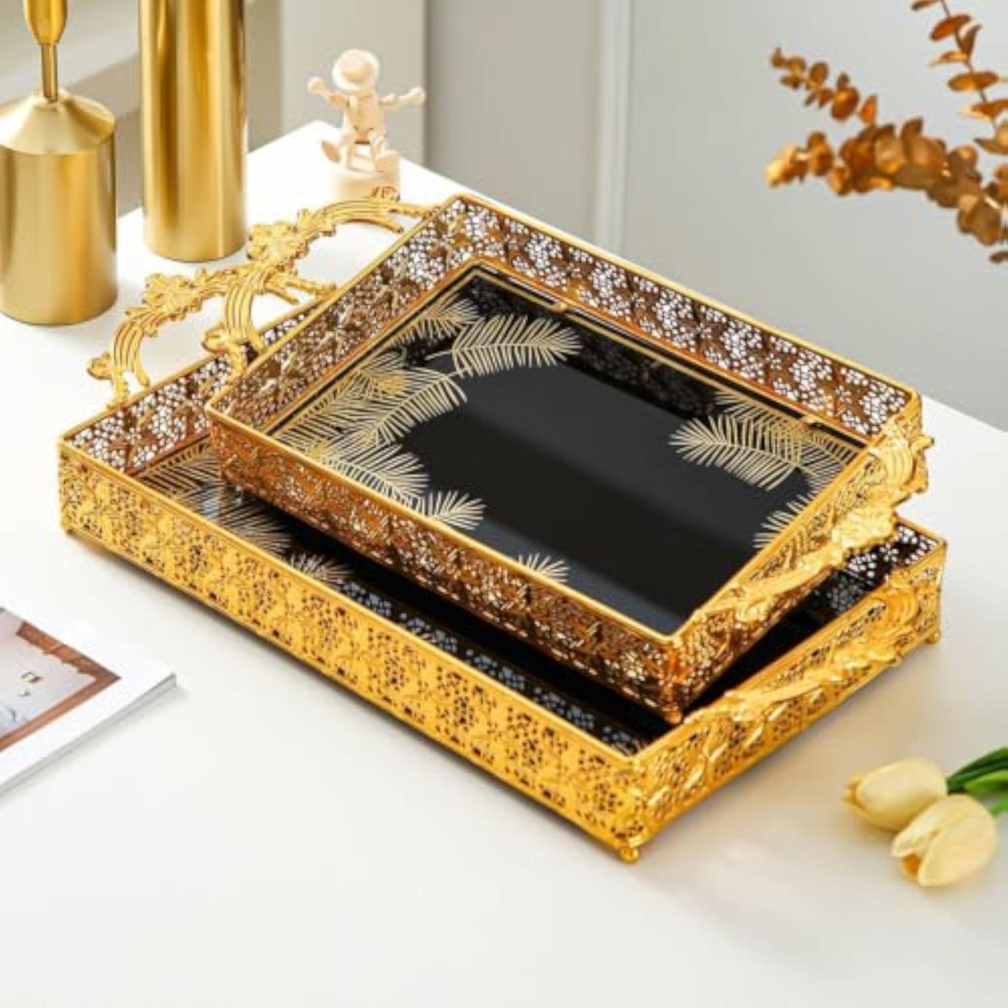 Gold Filigree Tray with Double Handles, Ornate Design