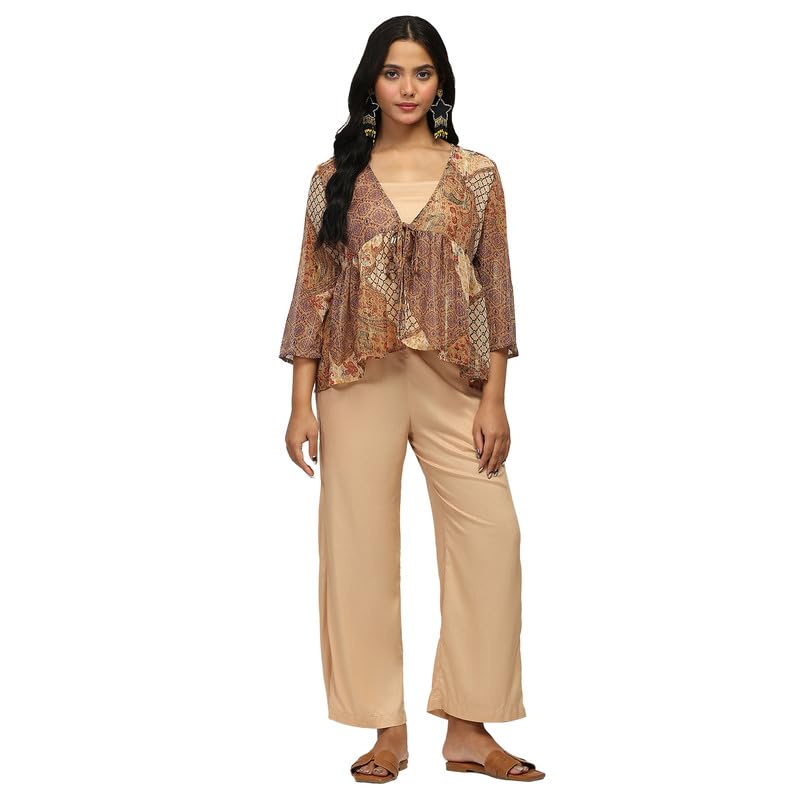 Women's Smart Casual Printed Top with Solid cami and Straight Pant/V Neck with Front Functional tie Closure & 3/4 Sleeves/co-ord Set-image-37