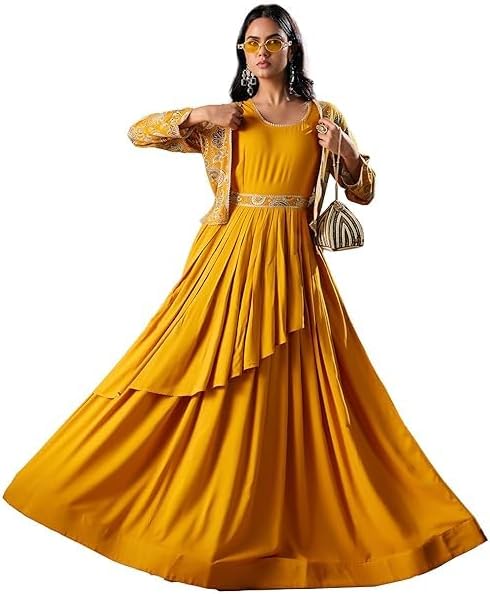 madhuram textiles Women’s Rayon Anarkali Dress | Round Neck Long Flared Ethnic Gown with Full Sleeves for Party & Festive