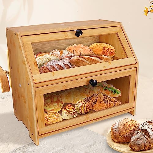 RayLove Wooden Bread Bin, 2-Layer Bread Container, Large Wooden Bread Storage Container for Croissants and Other Breads (41.5 x 25 x 35 cm, primary colour, self-assembly)