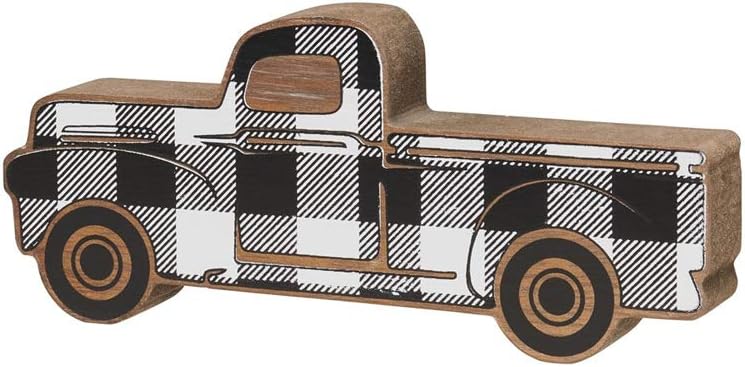 CollinsRustic Wooden Pickup Truck Shelf Sitter Black & White Farmhouse Decor Farm Decoration (Plaid, Small)