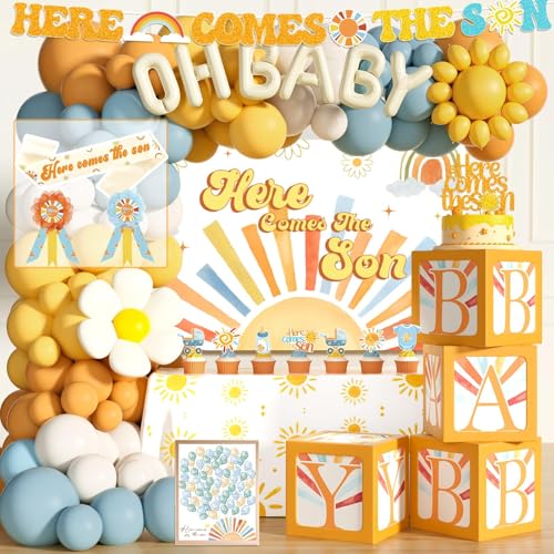 Hombae Here Comes the Son Baby Shower Decor 119 PCs Boys Boho Baby Shower Decorations Party Supplies with Backdrop Tablecloth Balloon Garland Boxes Sash Badges Banner Foil Balloon Poster