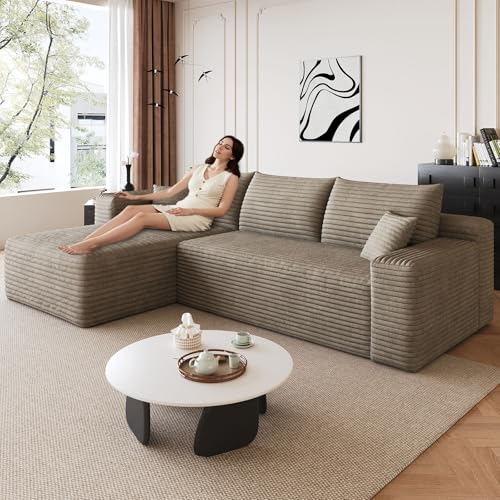Image of 95 inch Modular Sectional Sofa, Modern Corduroy Cloud Couch with Side Pockets, Boneless Couch Upholstered 3-Seater L-Shaped Sofa for Living Room, No Assembly Required (Camel,Left-Facing Chaise)