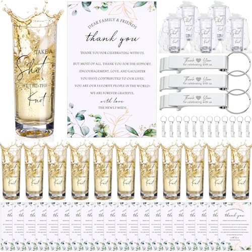 Sliner 50 Sets Wedding Favors for Guests Bulk 2oz Acrylic Personalized Shot Glasses with Bottle Opener Keychain Thank You Cards Organza Bags for Guest Wedding Gifts Newlyweds Bridal Shower Party