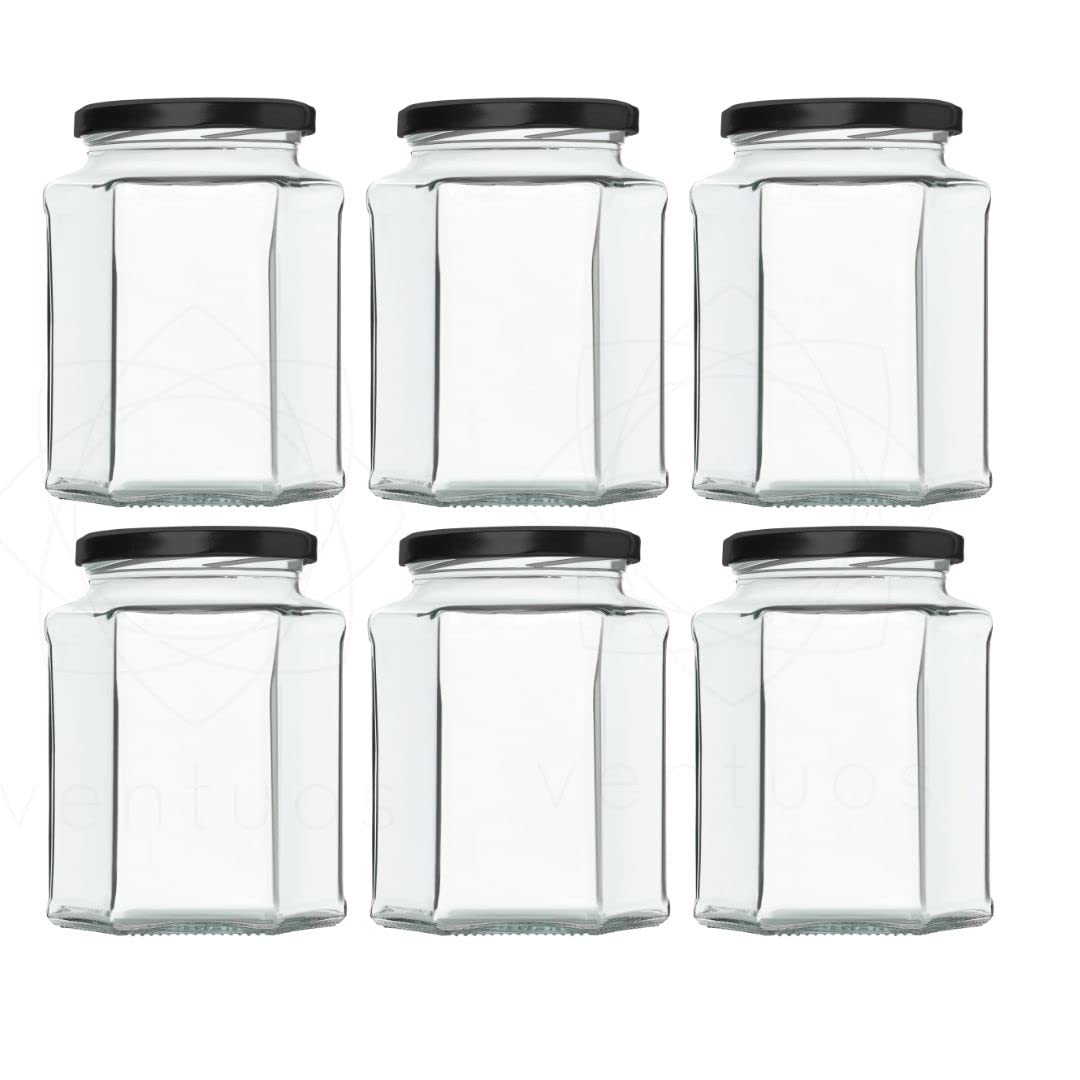 HIRVALLlass Jar and Container with Rust Proof Air Tight Lid/Suitable to use in Your Home Office, Kitchen Storage/Glass Jars. (700ML HEXAGON, BLACK)