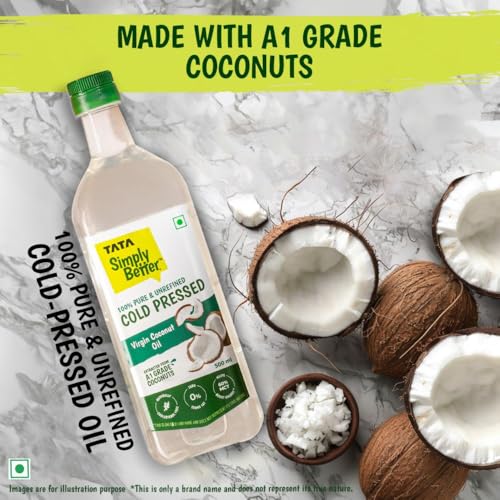 Image of Tata Simply Better Pure & Unrefined Cold Pressed Virgin Coconut Oil,Naturally Cholesterol Free,500ml,Rich Aroma & Flavour of Real Coconuts,For Daily Cooking with Multipurpose Usage,A1 Grade Coconuts