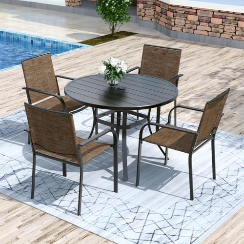 Image of Anmutig 5-Piece Outdoor Dining Set 4 Stackable Chairs & 41 inch Round Table with Umbrella All Weather Furniture Set for Lawn Deck Backyard -Brown