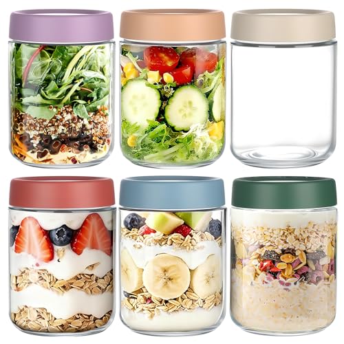 6 Pack 480ML Overnight Oats Container Jar with Airtight Lid, Freezer Dishwasher Safe Glass Food Storage Containers, Meal Prep Containers for Salad Pickle Snacks Jam, Fridge Pantry Storage Containers