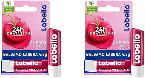 Labello Cherry Shine Burrocacao labbra 4.8 g, Balsamo labbra colorato e nutriente all'aroma di ciliegia, Lip balm idratante per 24 ore con ingredienti naturali (Confezione da 2)