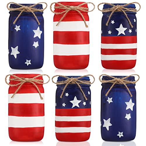 Irenare 6 Pcs 4th of July Mason Jars American Flag Mason Jar Centerpieces Decorations Red White and Blue Patriotic Farmhouse Tiered Tray Rustic Table Decoration for Independence Day Kitchen Tables