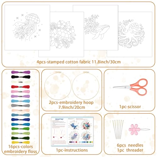 Image of BEUNITONE 4 Pack Beginner Embroidery Kit for Adults, Marine Animals Flowers Pre-Stamped Pattern Needlepoint Kits with Hoops & Instruction, Handmade Embroidery Kits for Fabric and Home Decor 7.9x7.9