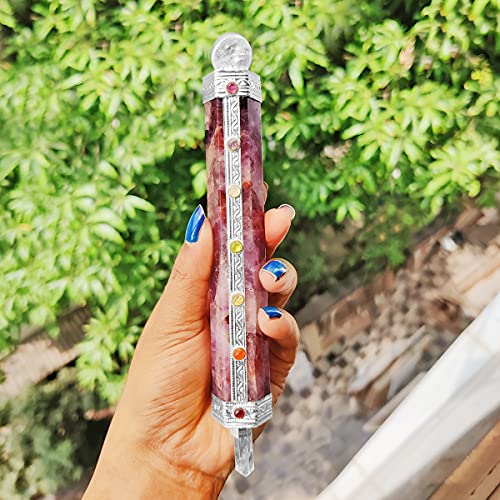 Image of Amethyst Seven Chakra Wand with Crystal Ball Stone for Spirituality,Healing,Amethyst Wand Embellish with Seven Chakra Stone-Purple