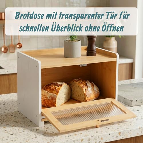 Relaxdays Brotkasten, Bambus, Schneidebrett, Ablage, Luftlöcher, Sichtfenster, HxBxT: 26 x 40 x 25 cm, Brotbox, Natur