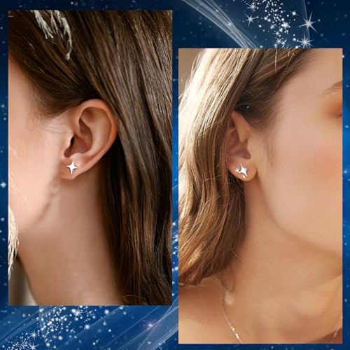 925 Sterling Silver Studs Earrings for Women 2 Pairs Star Stud Earrings Set Hypoallergenic Silver Stud Earrings Dainty Star Earrings for Women3