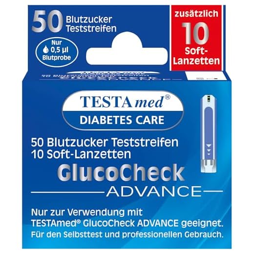 TESTAmed GlucoCheck Advance Blutzuckerteststreifen plus Soft-Lanzetten, 50 Blutzucker Teststreifen + 10 Soft-Lanzetten