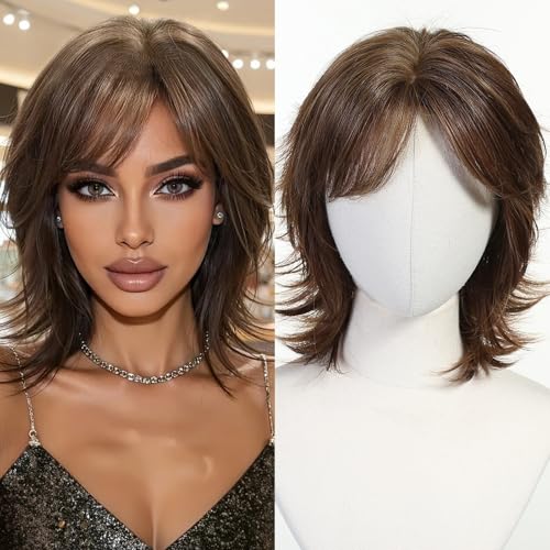 Nuxovin Short Brown Fluffy Human Hair Wig with Bangs Layered
