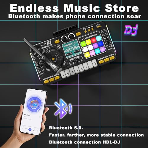 RedCrab Kids DJ Mixer Table with Microphone,Bluetooth,8 Piano Keys, LED Lights, Interactive Music Toy for Children, Musical DJ Set for Kids 3 4 5 6 7 8+ Birthday Gift(Black) - Thumbnail 5