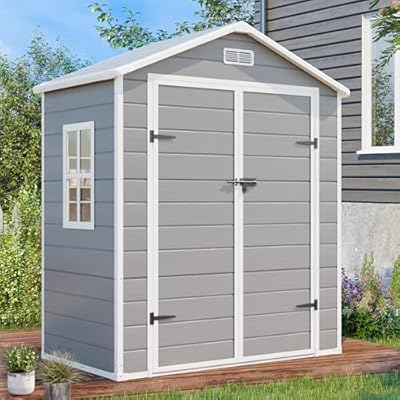 SELLERWE 6x3 FT Resin Storage Shed, Waterproof Outdoor Storage Shed with Floor, Window, Double Lockable Doors & 2 Vents, Tool Shed for Garden Patio, Backyard, Grey
