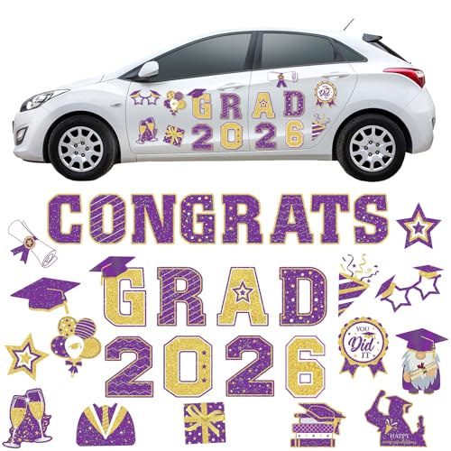 Image of Landhoow 30 Pcs Graduation Car Magnets 2026 Senior Graduation Car Decoration Bumper Sticker Congrats Grad Magnet Magnetic Refrigerator Decal for Grad Parade Party Supplies(Purple, Gold)